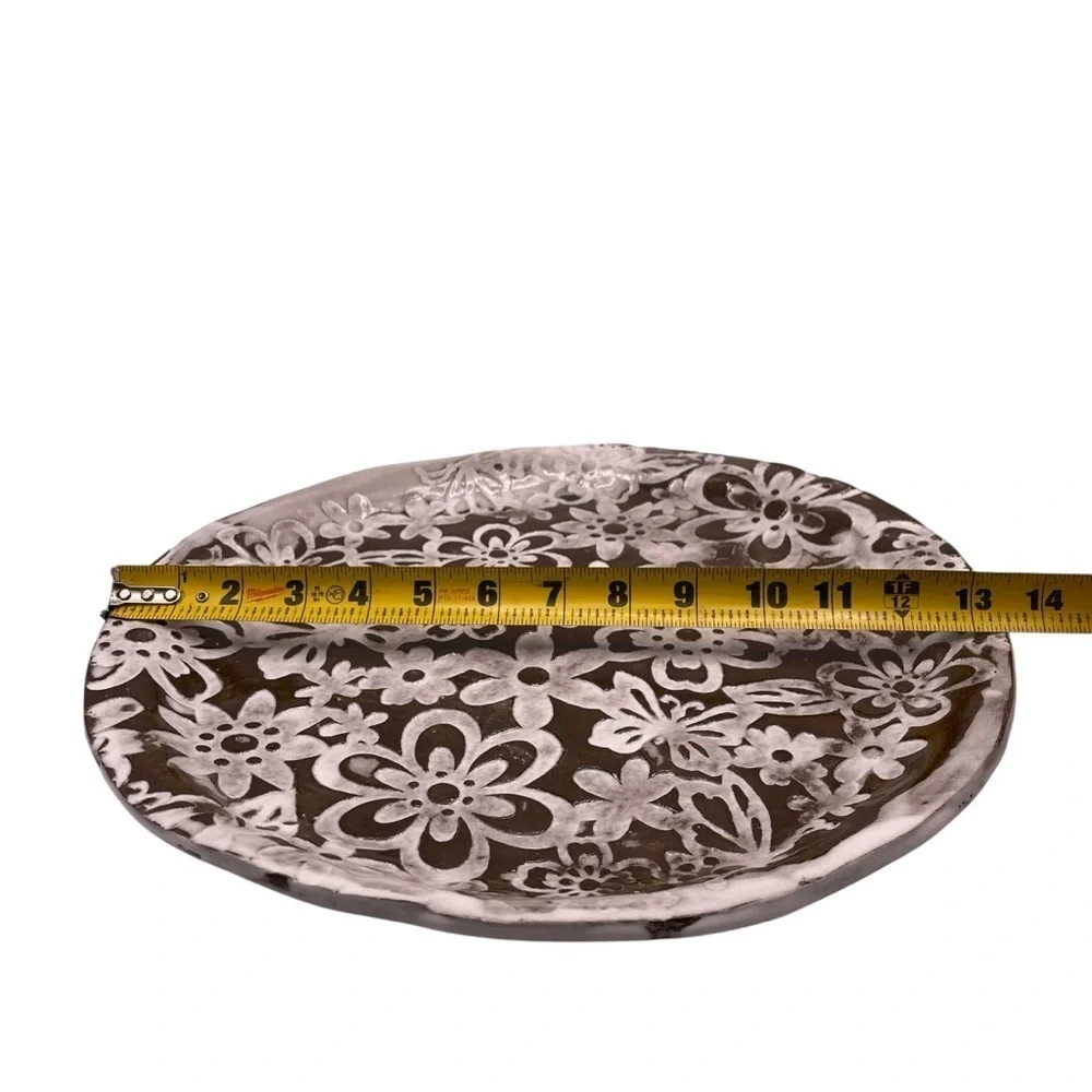Handmade Floral Studio Pottery Plate - Decorative Ceramic Platter, Signed 13.5”